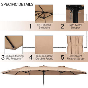 10Pcs Patio Rattan Dining Set with 15FT Double-Sided Umbrella, Heavy Duty Acacia Wood Table & Stackable Wicker Chairs
