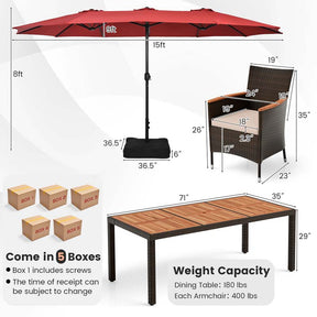 10Pcs Patio Rattan Dining Set with 15FT Double-Sided Umbrella, Heavy Duty Acacia Wood Table & Stackable Wicker Chairs