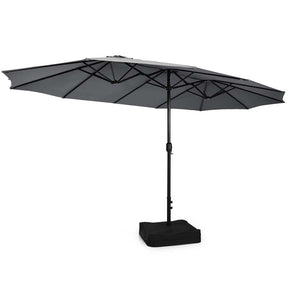 10Pcs Patio Rattan Dining Set with 15FT Double-Sided Umbrella, Heavy Duty Acacia Wood Table & Stackable Wicker Chairs