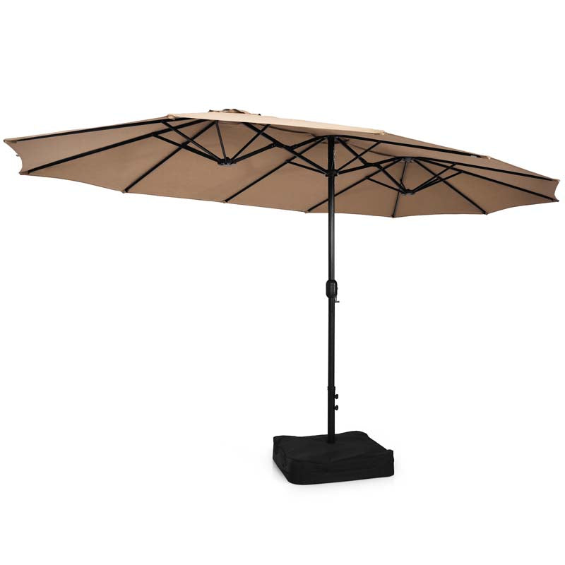 10Pcs Patio Rattan Dining Set with 15FT Double-Sided Umbrella, Heavy Duty Acacia Wood Table & Stackable Wicker Chairs