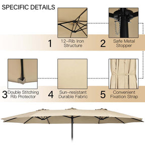 10Pcs Patio Rattan Dining Set with 15FT Double-Sided Umbrella, Heavy Duty Acacia Wood Table & Stackable Wicker Chairs