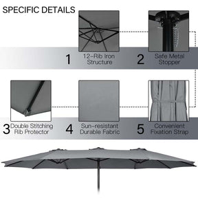 10Pcs Patio Rattan Dining Set with 15FT Double-Sided Umbrella, Heavy Duty Acacia Wood Table & Stackable Wicker Chairs