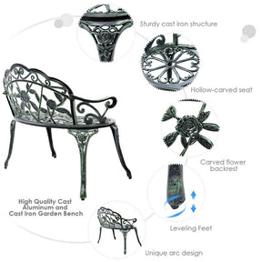 Antique Style Outdoor Garden Bench Park Bench, All-Weather Patio Bench Chair Loveseat with Cast Aluminum Seat & Backrest