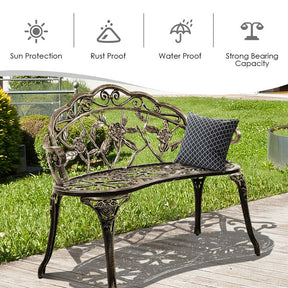 Antique Style Outdoor Garden Bench Park Bench, All-Weather Patio Bench Chair Loveseat with Cast Aluminum Seat & Backrest