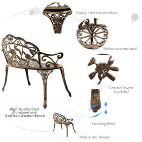 Antique Style Outdoor Garden Bench Park Bench, All-Weather Patio Bench Chair Loveseat with Cast Aluminum Seat & Backrest