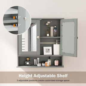 Mirrored Bathroom Storage Cabinet Organizer, Wall Mounted Medicine Cabinet w/Double Mirror Doors & Adjustable Shelf
