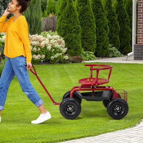 Rolling Garden Cart with 360° Swivel Padded Seat, Adjustable Gardening Scooter Workseat with Tool Tray & Storage, Extendable Handle for Seniors