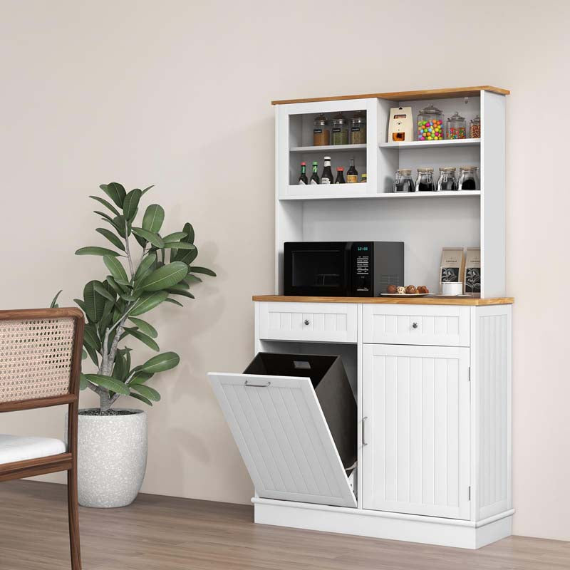 68" Tall Kitchen Pantry Cabinet, Buffet Hutch with Tilt Out Trash Can Storage, Microwave Countertop & Sliding Glass Door for Home Coffee Bar