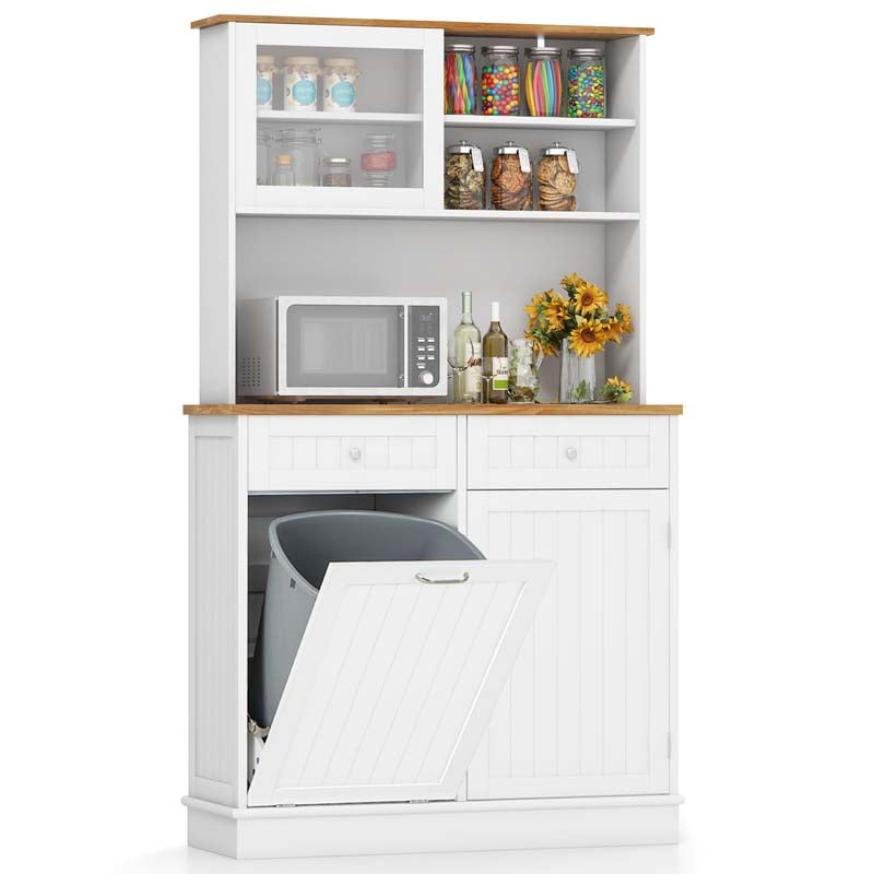 68" Tall Kitchen Pantry Cabinet, Buffet Hutch with Tilt Out Trash Can Storage, Microwave Countertop & Sliding Glass Door for Home Coffee Bar