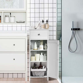 Freestanding Wooden Floor Storage Cabinet with Large Drawer & 2 Adjustable Shelves, Morden Side Storage Bathroom Organizer Cabinet