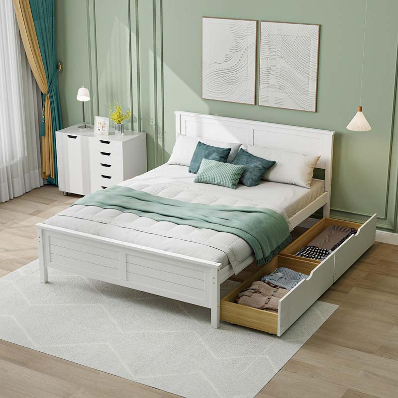 Solid Wood Platform Bed Frame with 2 Storage Drawers & Headboard, Wooden Slats Support Mattress Foundation, No Box Spring Needed