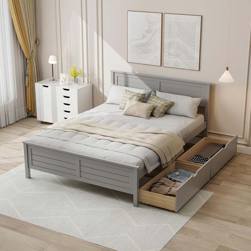 Solid Wood Platform Bed Frame with 2 Storage Drawers & Headboard, Wooden Slats Support Mattress Foundation, No Box Spring Needed