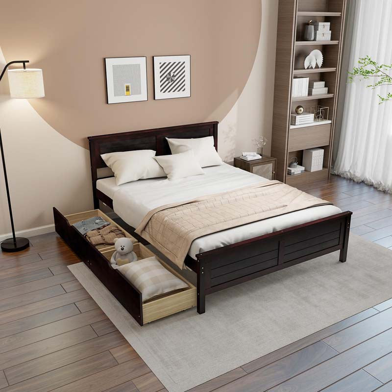 Solid Wood Platform Bed Frame with 2 Storage Drawers & Headboard, Wooden Slats Support Mattress Foundation, No Box Spring Needed