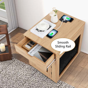 Furniture Style Small Dog Crate with Wireless Charging Station, Wooden Dog Kennel End Table with Cushion & Drawer, Latched Door