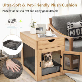 Furniture Style Small Dog Crate with Wireless Charging Station, Wooden Dog Kennel End Table with Cushion & Drawer, Latched Door