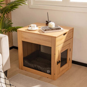 Furniture Style Small Dog Crate with Wireless Charging Station, Wooden Dog Kennel End Table with Cushion & Drawer, Latched Door