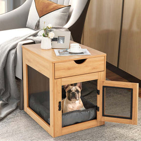 Furniture Style Small Dog Crate with Wireless Charging Station, Wooden Dog Kennel End Table with Cushion & Drawer, Latched Door