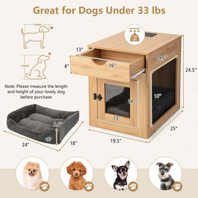Furniture Style Small Dog Crate with Wireless Charging Station, Wooden Dog Kennel End Table with Cushion & Drawer, Latched Door
