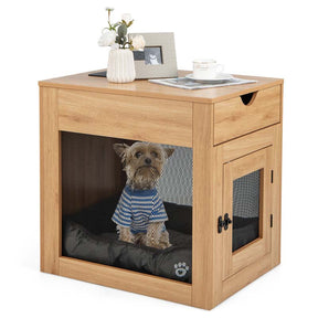 Furniture Style Small Dog Crate with Wireless Charging Station, Wooden Dog Kennel End Table with Cushion & Drawer, Latched Door