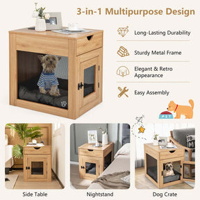 Furniture Style Small Dog Crate with Wireless Charging Station, Wooden Dog Kennel End Table with Cushion & Drawer, Latched Door