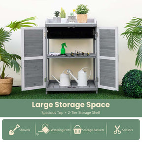 Outdoor Potting Bench Table Garden Wooden Storage Cabinet with Metal Plated Tabletop, 2 Storage Shelves, Magnetic Catch