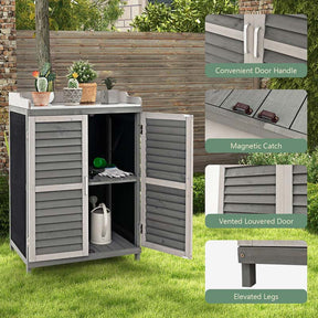 Outdoor Potting Bench Table Garden Wooden Storage Cabinet with Metal Plated Tabletop, 2 Storage Shelves, Magnetic Catch