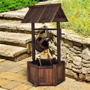 Rustic Outdoor Wishing Well Water Fountain with Electric Pump & Bucket, Old-Fashioned Wood Waterfall Fountain for Garden, Backyard & Patio Decor