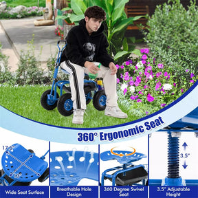 Heavy Duty Rolling Garden Cart Workseat with Tool Tray, 360 Swivel Seat, Storage Basket, Extendable Steering Handle
