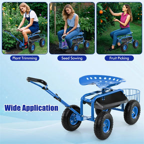 Heavy Duty Rolling Garden Cart Workseat with Tool Tray, 360 Swivel Seat, Storage Basket, Extendable Steering Handle