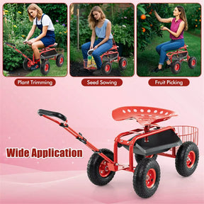 Heavy Duty Rolling Garden Cart Workseat with Tool Tray, 360 Swivel Seat, Storage Basket, Extendable Steering Handle