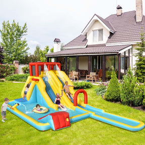 Giant Inflatable Dual Long Slide Water Park Climbing Bouncer with 735W Air Blower, Outdoor Backyard Mega Waterslide for Kids Ages 3-10