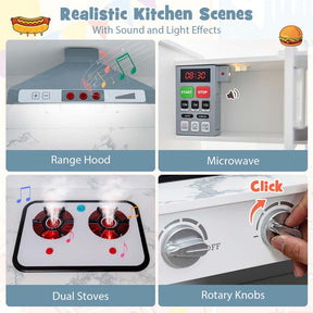 Corner Wooden Kids Kitchen Playset, Little Chef Pretend Toy Kitchen Set w/ Microwave, Range Hood, Washing Basin, Lights & Sounds for Toddlers
