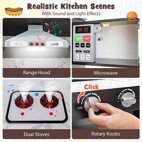 Corner Wooden Kids Kitchen Playset, Little Chef Pretend Toy Kitchen Set w/ Microwave, Range Hood, Washing Basin, Lights & Sounds for Toddlers