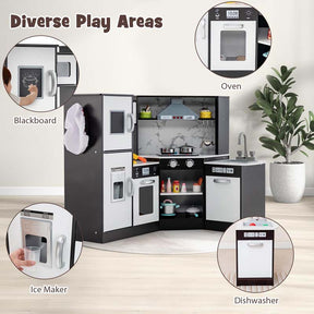Corner Wooden Kids Kitchen Playset, Little Chef Pretend Toy Kitchen Set w/ Microwave, Range Hood, Washing Basin, Lights & Sounds for Toddlers