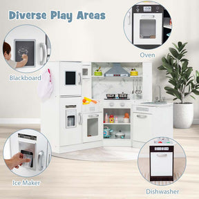 Corner Wooden Kids Kitchen Playset, Little Chef Pretend Toy Kitchen Set w/ Microwave, Range Hood, Washing Basin, Lights & Sounds for Toddlers