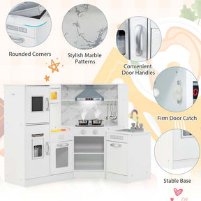 Corner Wooden Kids Kitchen Playset, Little Chef Pretend Toy Kitchen Set w/ Microwave, Range Hood, Washing Basin, Lights & Sounds for Toddlers