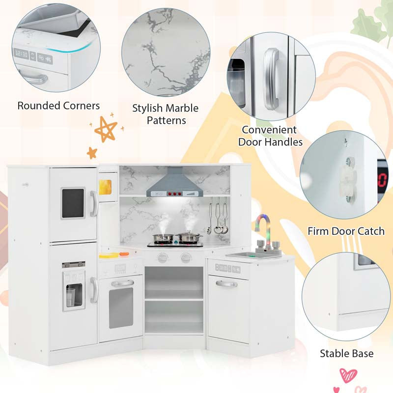 Corner Wooden Kids Kitchen Playset, Little Chef Pretend Toy Kitchen Set w/ Microwave, Range Hood, Washing Basin, Lights & Sounds for Toddlers