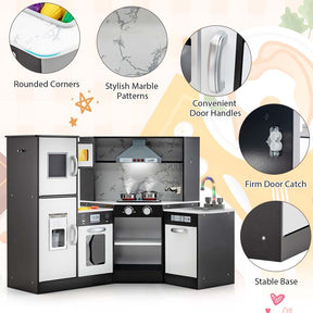 Corner Wooden Kids Kitchen Playset, Little Chef Pretend Toy Kitchen Set w/ Microwave, Range Hood, Washing Basin, Lights & Sounds for Toddlers