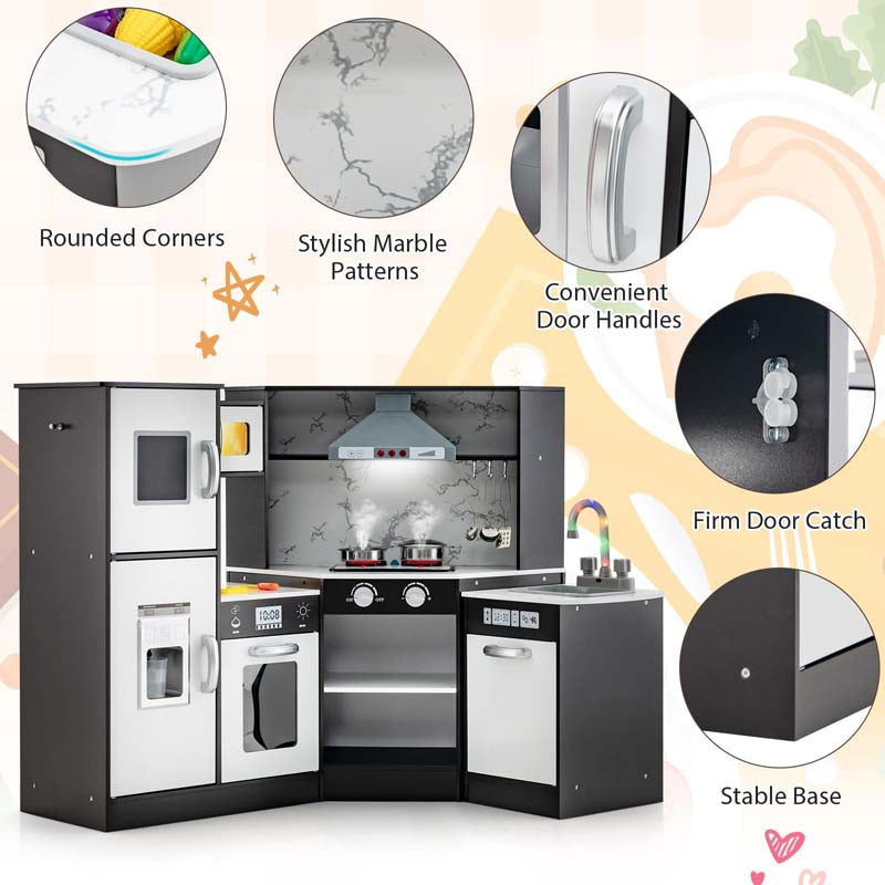 Corner Wooden Kids Kitchen Playset, Little Chef Pretend Toy Kitchen Set w/ Microwave, Range Hood, Washing Basin, Lights & Sounds for Toddlers