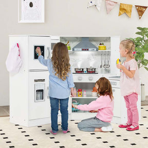 Corner Wooden Kids Kitchen Playset, Little Chef Pretend Toy Kitchen Set w/ Microwave, Range Hood, Washing Basin, Lights & Sounds for Toddlers