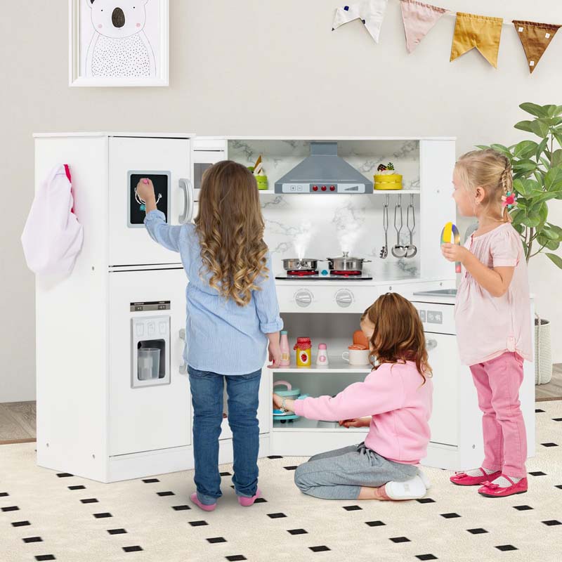 Corner Wooden Kids Kitchen Playset, Little Chef Pretend Toy Kitchen Set w/ Microwave, Range Hood, Washing Basin, Lights & Sounds for Toddlers
