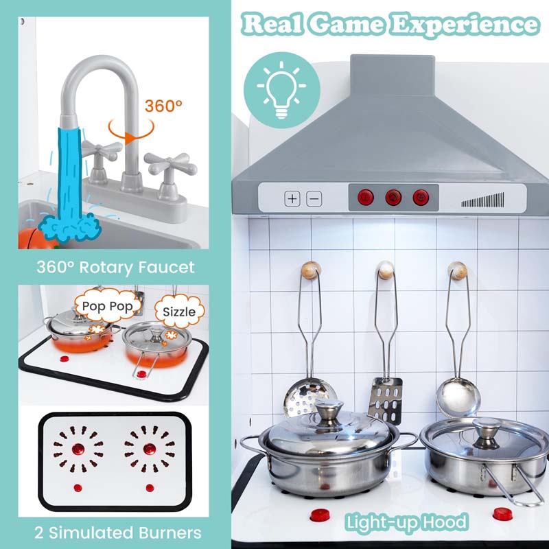 3-Piece Modular Kids Kitchen Playset, Wooden Little Chef Pretend Play Kitchen Set with Refrigerator, Washing Machine, Range Hood & Stove for Toddlers