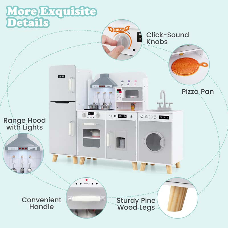 3-Piece Modular Kids Kitchen Playset, Wooden Little Chef Pretend Play Kitchen Set with Refrigerator, Washing Machine, Range Hood & Stove for Toddlers
