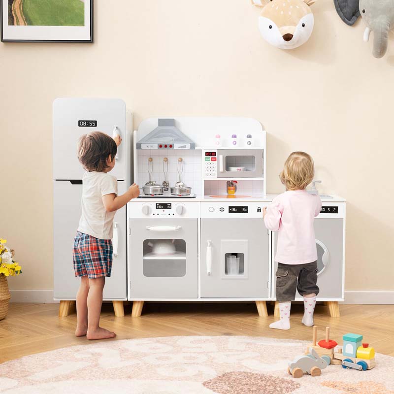 3-Piece Modular Kids Kitchen Playset, Wooden Little Chef Pretend Play Kitchen Set with Refrigerator, Washing Machine, Range Hood & Stove for Toddlers