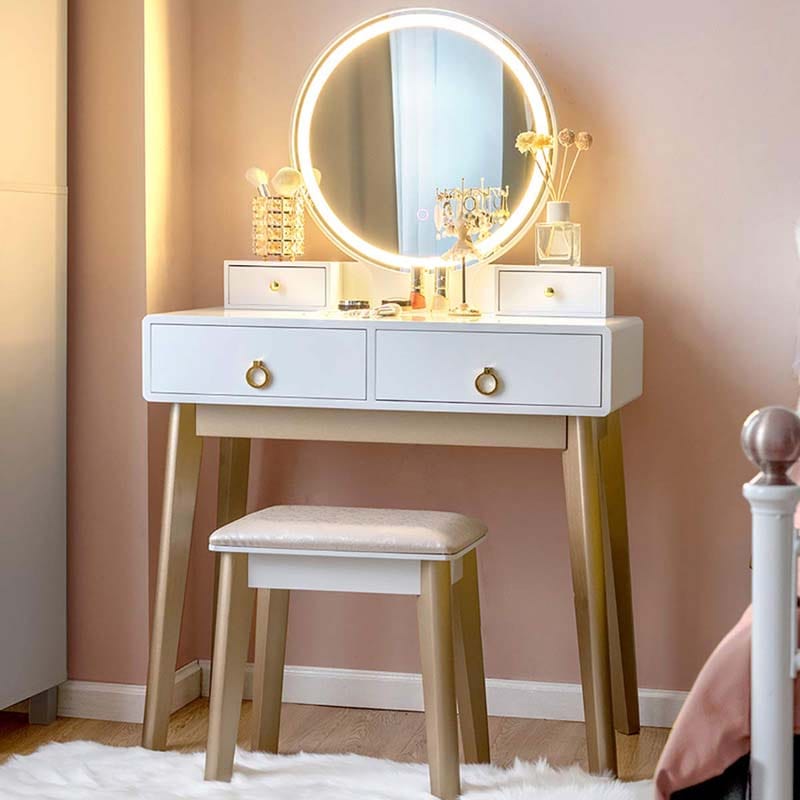 Modern Makeup Vanity Set with Touch Screen Dimming Mirror and 3 Color LED Lighting Modes, Jewelry Divider Dressing Table