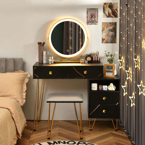 Wooden Makeup Dressing Table Bedroom Vanity Set with 3 Colors Lighted Mirror & Stool, Left or Right Side Cabinet