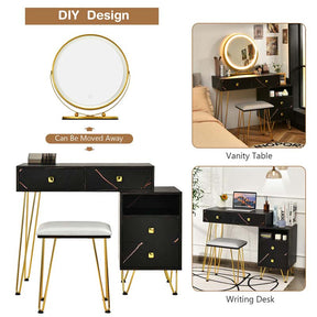 Wooden Makeup Dressing Table Bedroom Vanity Set with 3 Colors Lighted Mirror & Stool, Left or Right Side Cabinet