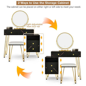 Wooden Makeup Dressing Table Bedroom Vanity Set with 3 Colors Lighted Mirror & Stool, Left or Right Side Cabinet