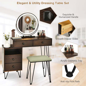 Wooden Makeup Dressing Table Bedroom Vanity Set with 3 Colors Lighted Mirror & Stool, Left or Right Side Cabinet
