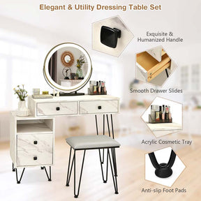 Wooden Makeup Dressing Table Bedroom Vanity Set with 3 Colors Lighted Mirror & Stool, Left or Right Side Cabinet